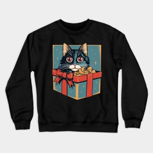 Vintage charm - adorable kitten peeking out of a holiday gift box, nostalgic design illustration for Christmas fun. Crewneck Sweatshirt